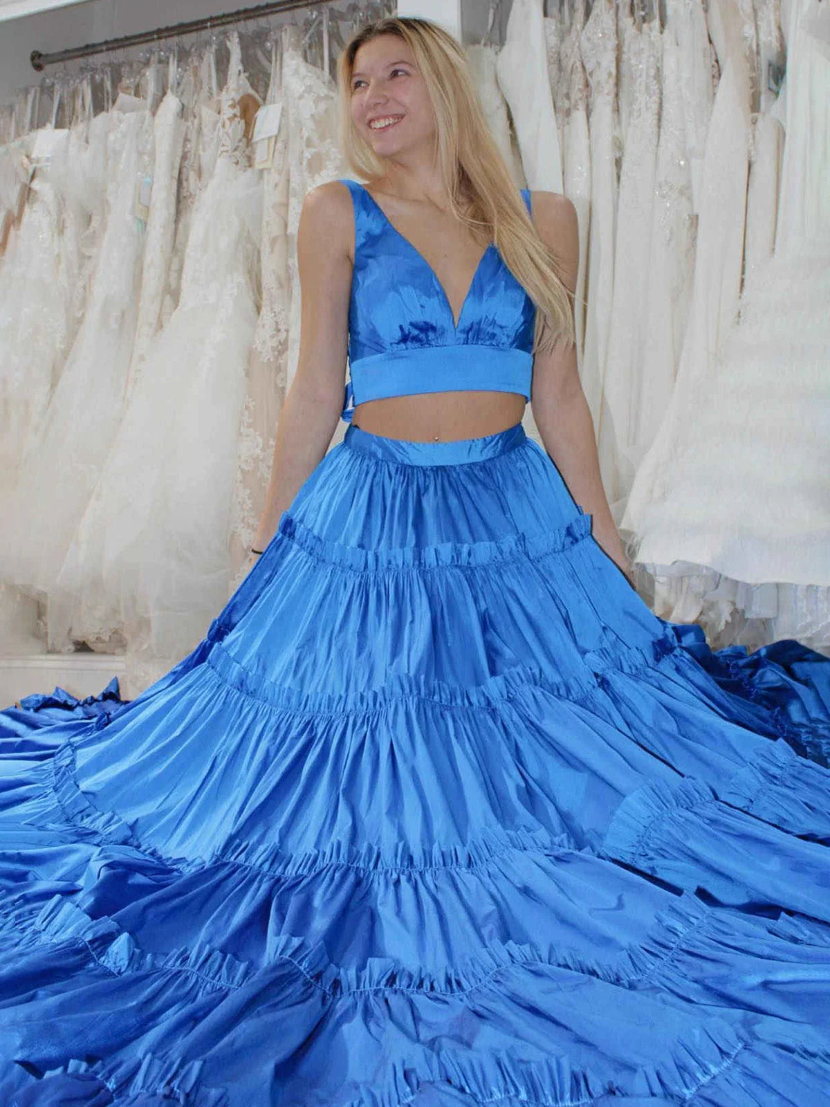 Aloe | A-Line Yellow V-Neck Ruffle Taffeta Two Piece Prom Dress