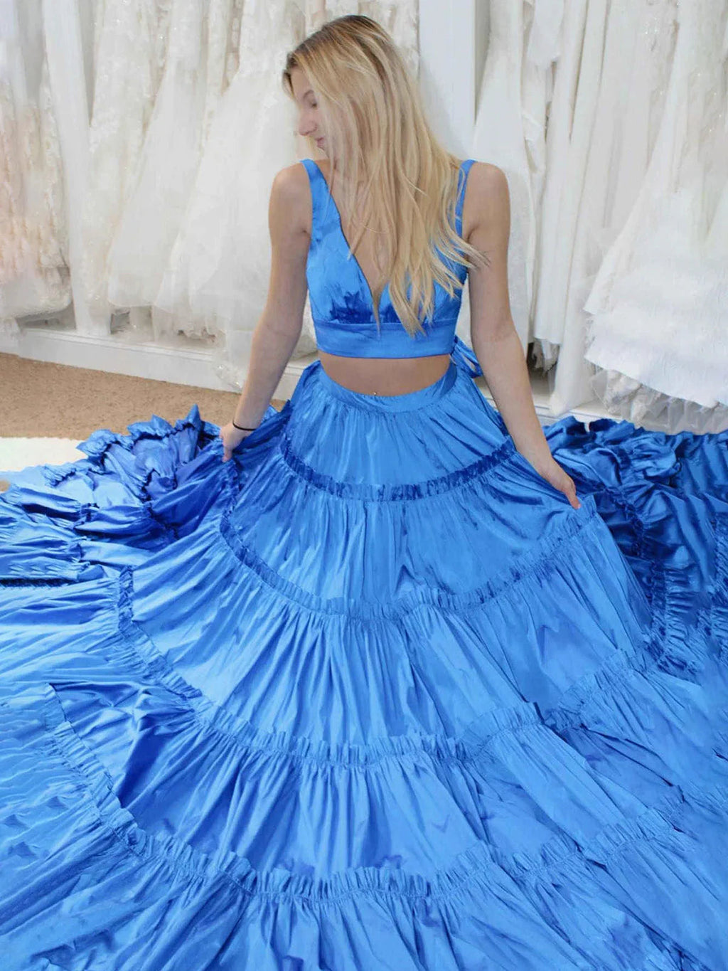 Aloe | A-Line Yellow V-Neck Ruffle Taffeta Two Piece Prom Dress