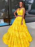 Aloe | A-Line Yellow V-Neck Ruffle Taffeta Two Piece Prom Dress