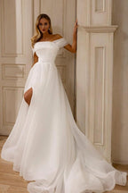 Amazing A-Line Chiffon Tulle Off-The-Shoulder Sleeveless White Wedding Dress With Split Front