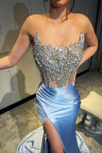 Amazing Column Satin Lace Sleeveless Prom Dress With Split