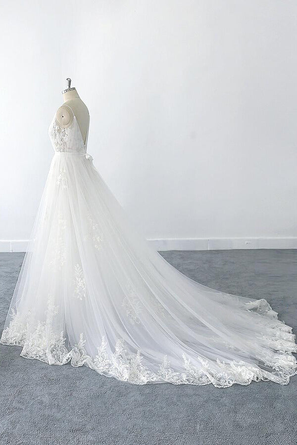 Amazing Long A-line V-neck Ruffle Appliques Tulle Wedding Dress