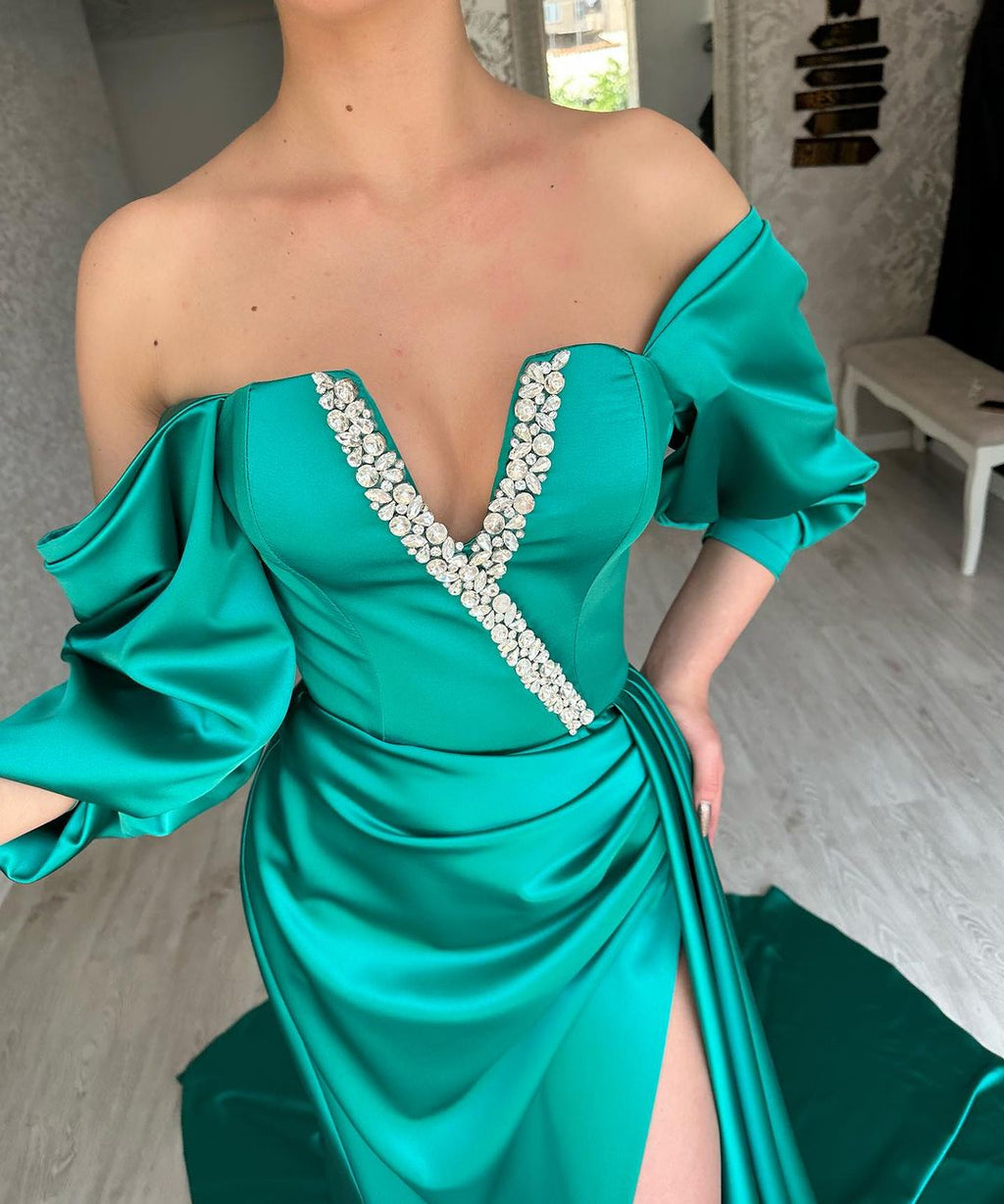 Amazing Long Green A-line Off-the-shoulder Prom Dress With Slit