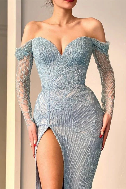 Amazing Long Mermaid Off-the-shoulder Split Lace Sequined Prom Dress With Long Sleeves
