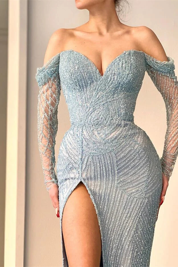 Amazing Long Mermaid Off-the-shoulder Split Lace Sequined Prom Dress With Long Sleeves