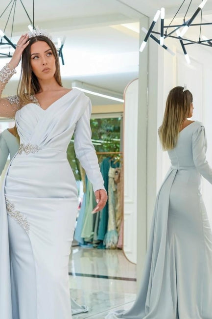 Amazing Silver Long Lace Beading Mermaid Evening Dresses With Long Sleeves