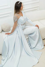 Amazing Silver Long Lace Beading Mermaid Evening Dresses With Long Sleeves