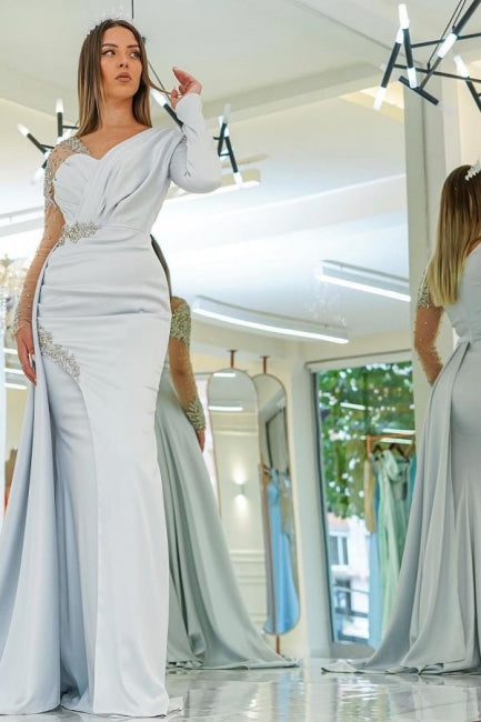 Amazing Silver Long Lace Beading Mermaid Evening Dresses With Long Sleeves