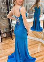 Amethystia | Mermaid Satin Beaded Red Prom Dress with Slit
