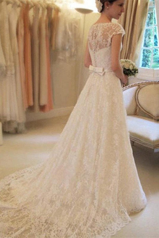 Applique Short Sleeves Square Lace Ribbon Wedding Dress