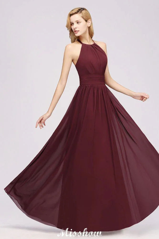 Appliques Halter Sleeveless Floor-Length Bridesmaid Dresses with Ruffles A-line Chiffon Evening Maxi Dress