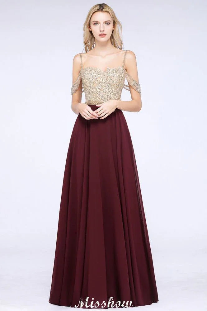 Appliques Spaghetti Straps Prom Dresses | A-Line Sleeveless Evening Dresses