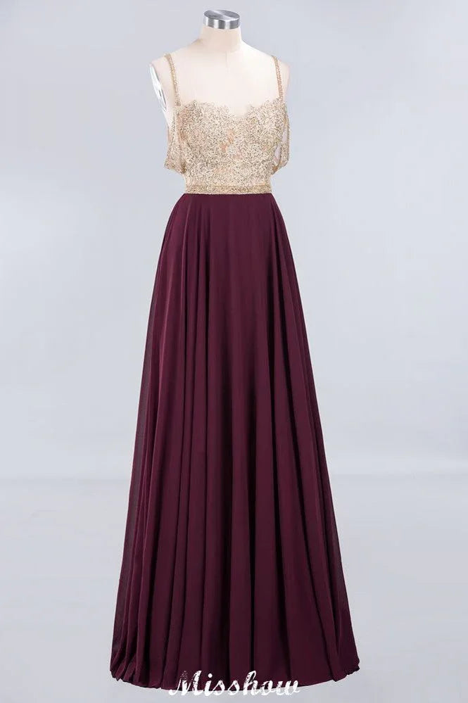 Appliques Spaghetti Straps Prom Dresses | A-Line Sleeveless Evening Dresses