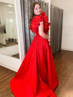 Arden | Red Ruffle V Neck Satin A-Line Long Prom Dresses