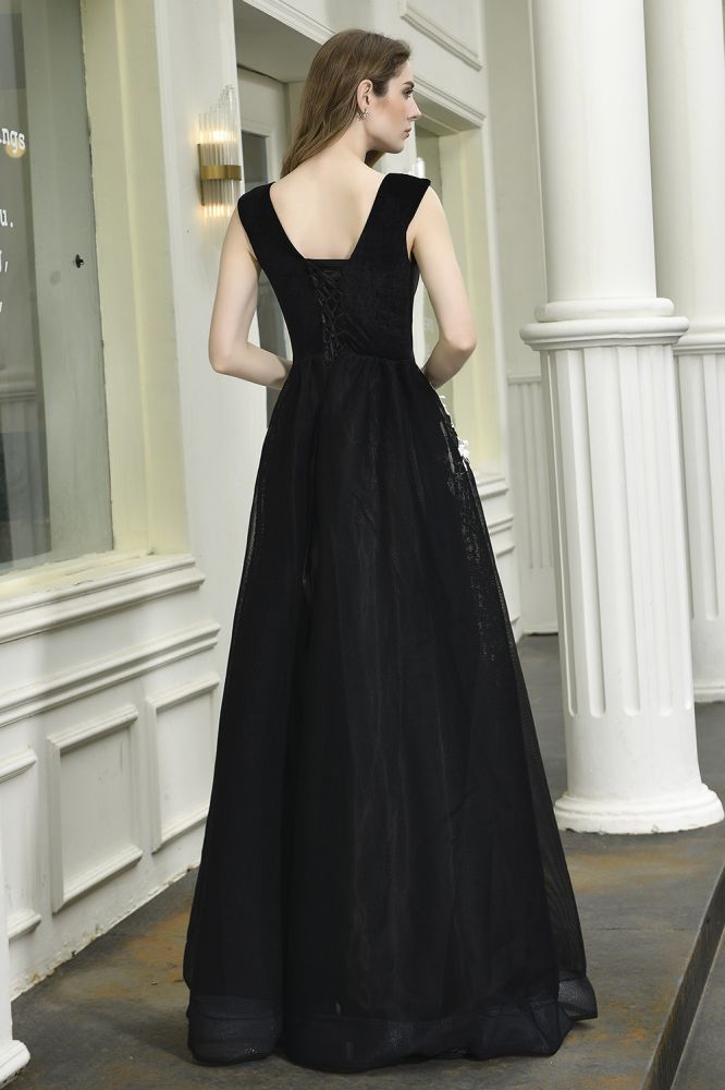 Attractive Black V-neck Aline Prom Dress White Floral Appliques Tulle Party Dress