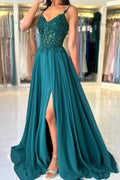 Attractive Long Green A-line Spaghetti Straps Lace Prom Dress with Slit