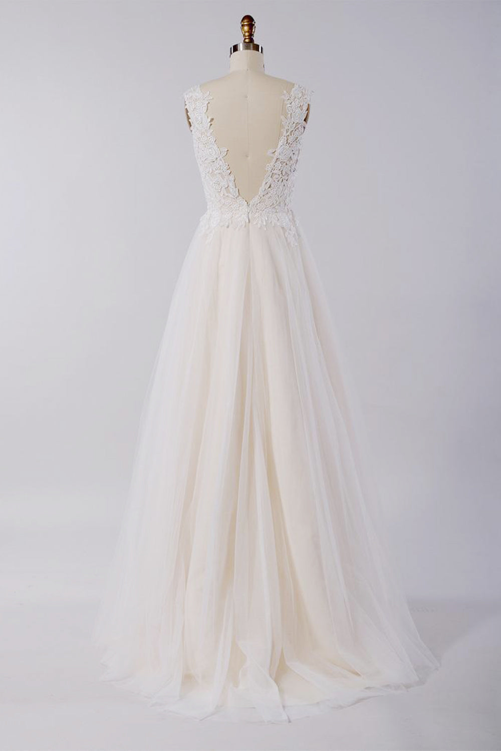 Awesome Long A-line Appliques Lace Tulle Open Back Wedding Dress