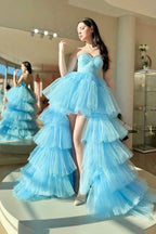 رويسبرايدال ألينا | فستان سهرة طويل من التول برقبة قلبية زرقاء، فستان حفلات جميل بقصة خط أ- عالية ومنخفضة