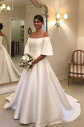 Off The Shoulder A Line Short Sleeves Wedding Dress With Satin Ruffles Train