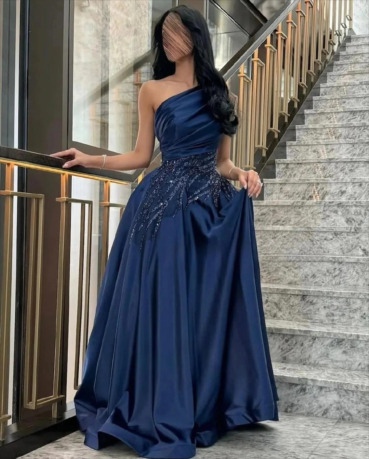 Luxuriöses Damen Abendkleid Dunkelblau Satin Glitzerbesatz Linie Ein Abschlusskleid Party Elegant Ball Hochzeit Maßgeschneidert