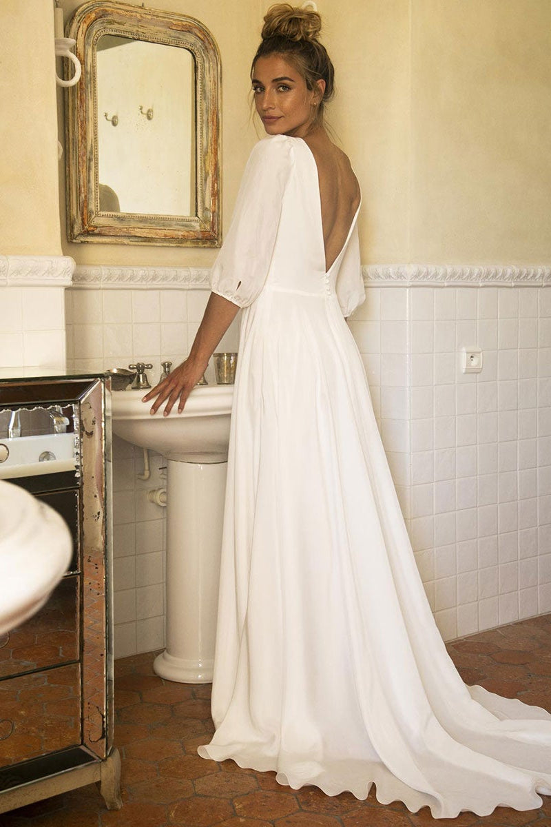 Half Sleeves Wedding Dress With V Neck Lace Bodice For Bride