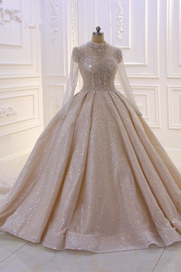 Satin High Neck Wedding Ball Gown With Long Sleeves And Sequins