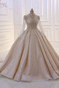 Satin High Neck Wedding Ball Gown With Long Sleeves And Sequins
