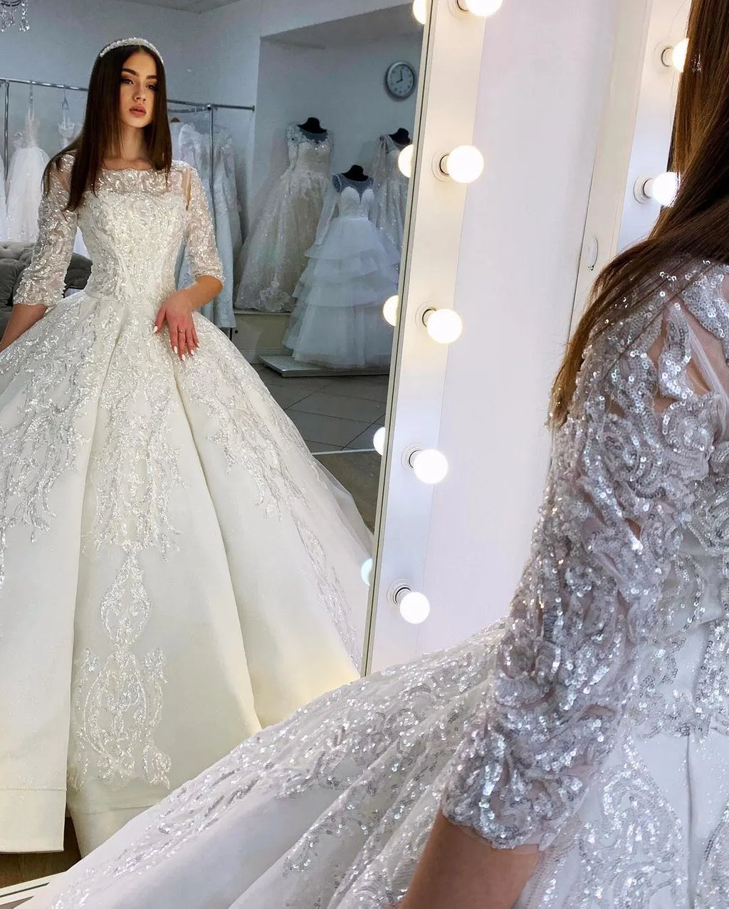 Elegant Satin Floor Length Wedding Dress With Bateau Neckline And Lace Appliques