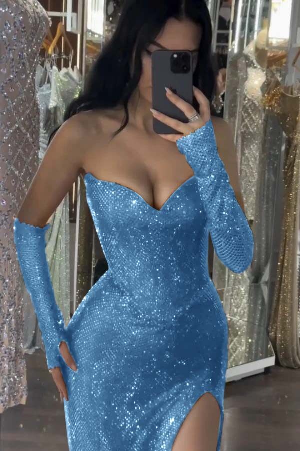 Sequin Strapless Long Mermaid Prom Dress With Split Detachable Sleeves