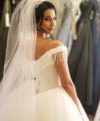 Off The Shoulder Beading Backless Floor Length Wedding Dress With Tassel Tulle