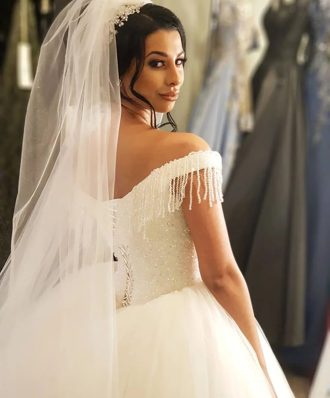 Off The Shoulder Beading Backless Floor Length Wedding Dress With Tassel Tulle