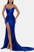 Sexy trägerloses Ballkleid in Königsblau mit V-Ausschnitt, hohem Schlitz und Plissee 