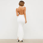 Women Slim Fit Sexy Evening Dress Deep V Plunge neck Backless Floral Decorative Shoulder Strap Fishtail Dress