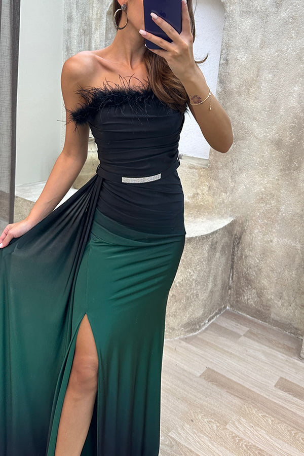Vestido largo con abertura y cinturón, con estampado degradado y plumas, Wild Elegance 