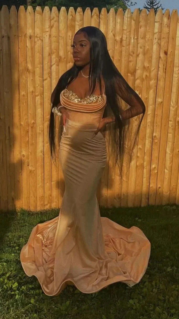 Robe de soirée sexy sirène à bretelles spaghetti avec traîne Y544