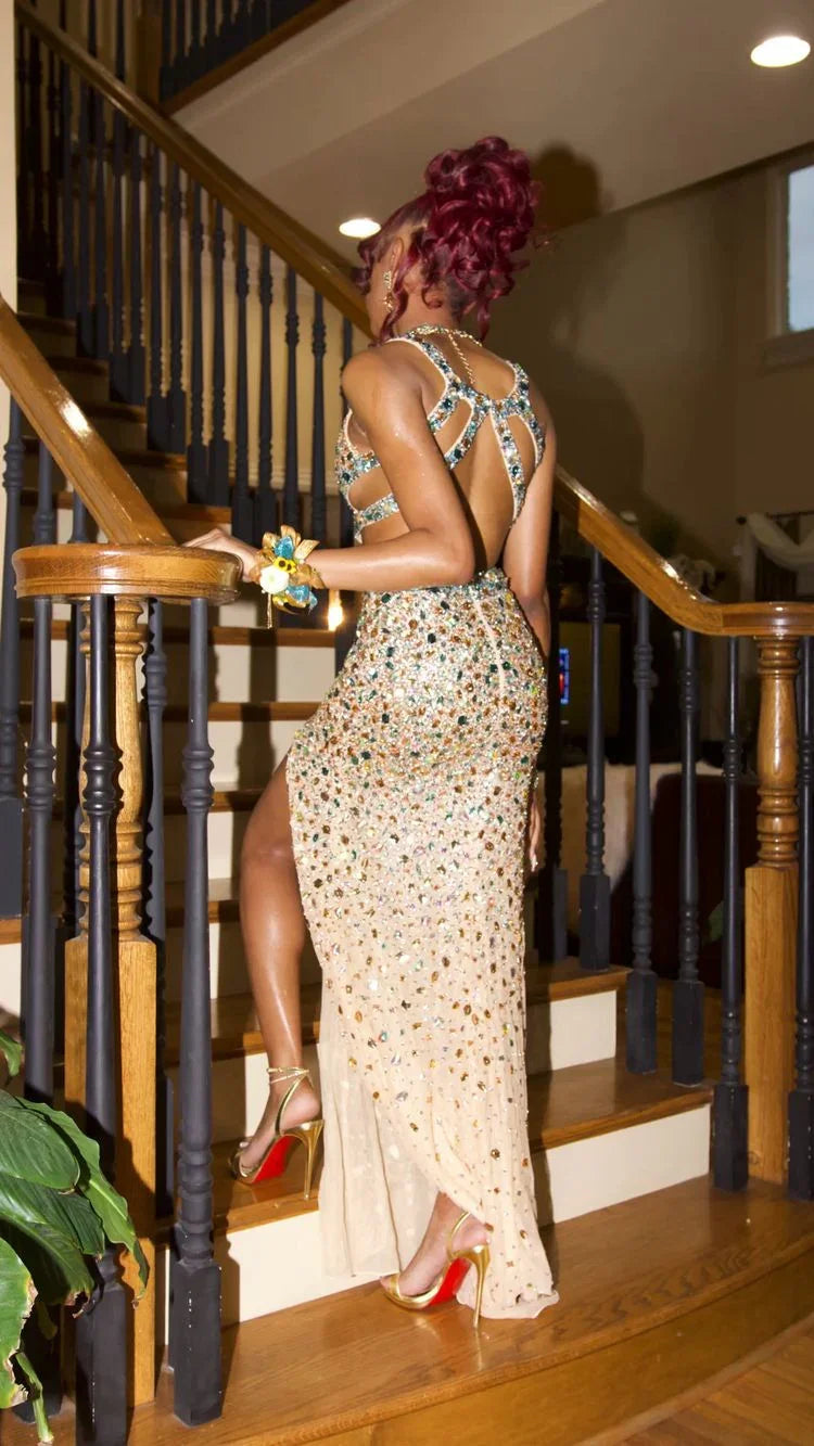 Robe de soirée luxueuse en cristal sirène fendue sur le côté robe de soirée sexy Y547