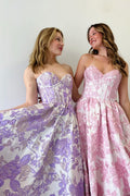 A-Line Sweetheart Floral Printed Long Prom Dresses
