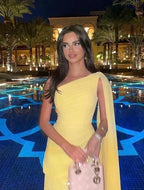 Elegante abito lungo da sera in chiffon con una spalla giallo Y7524