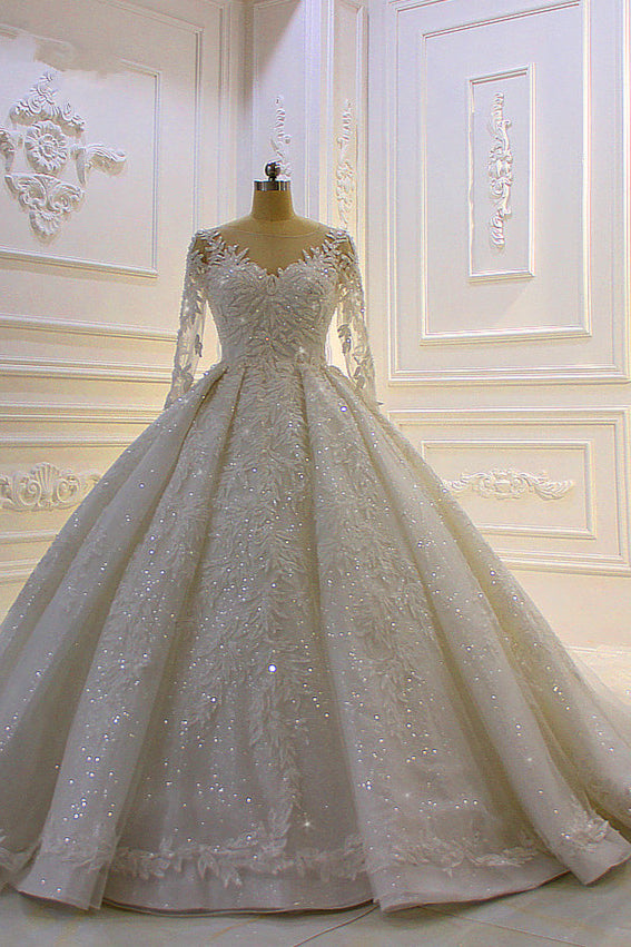 Luxury Ball Gown Bridal Dress With Lace Appliques Beading Long Sleeves Ruffles