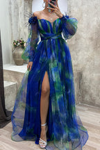 Robe de soirée maxi luxueuse à arrivée en mesh tulle floral, bretelles tombantes, plissée avec fente