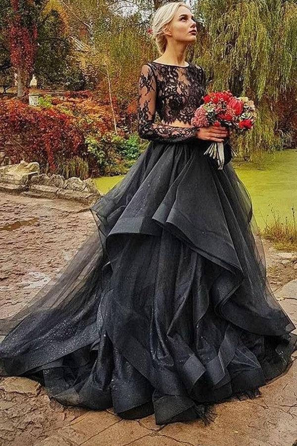 Glamorous Black Lace Sleeves Tulle Two Piece Wedding Dress