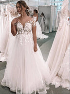 Modern Short Sleeves Floor Length Tulle A Line Wedding Dress With Appliques Lace