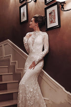 Charming White High Neck Backless Mermaid Wedding Dress With Applique Lace