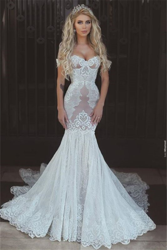 Off The Shoulder Mermaid Lace Wedding Dress With Lace Up Back Sweetheart Neckline