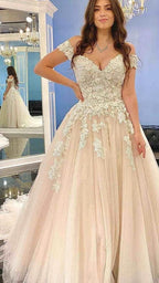 Elegant Off Shoulder A Line Long Wedding Dress With Tulle Lace