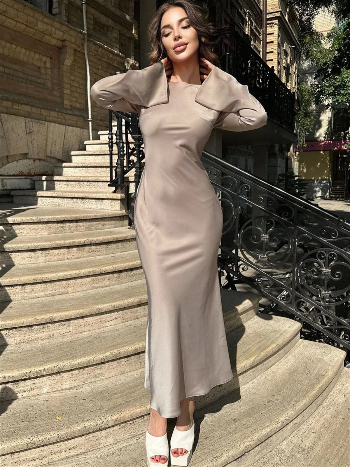 Vestido Maxi Fino TARUXY Para Mulheres Elegante Sólido Para Festa e Noite Mulheres Cintura Alta Luxuoso Feminino Moda Outono