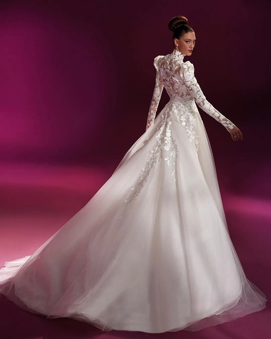 Elegant Floor Length A Line Wedding Dress With Appliques High Neck