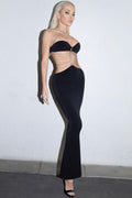 Vestido de Noite Maxi Sexy com Decote Halter e Aplicações de Corrente - Preto