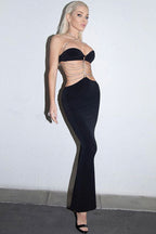 Vestido de Noite Maxi Sexy com Decote Halter e Aplicações de Corrente - Preto