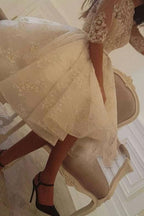 Short A Line Jewel Sleeves Wedding Dress With Tulle Lace